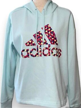 adidas Light Blue Hoodie with Multicolor Polka-Dot Logo